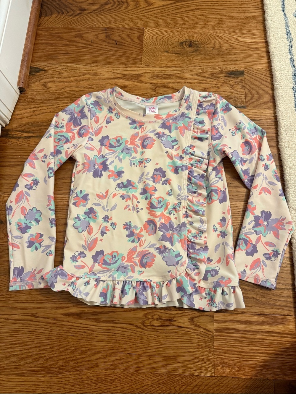 RuffleButts Rashguard Swim Top Cream with Pastel Floral Pattern Size 7